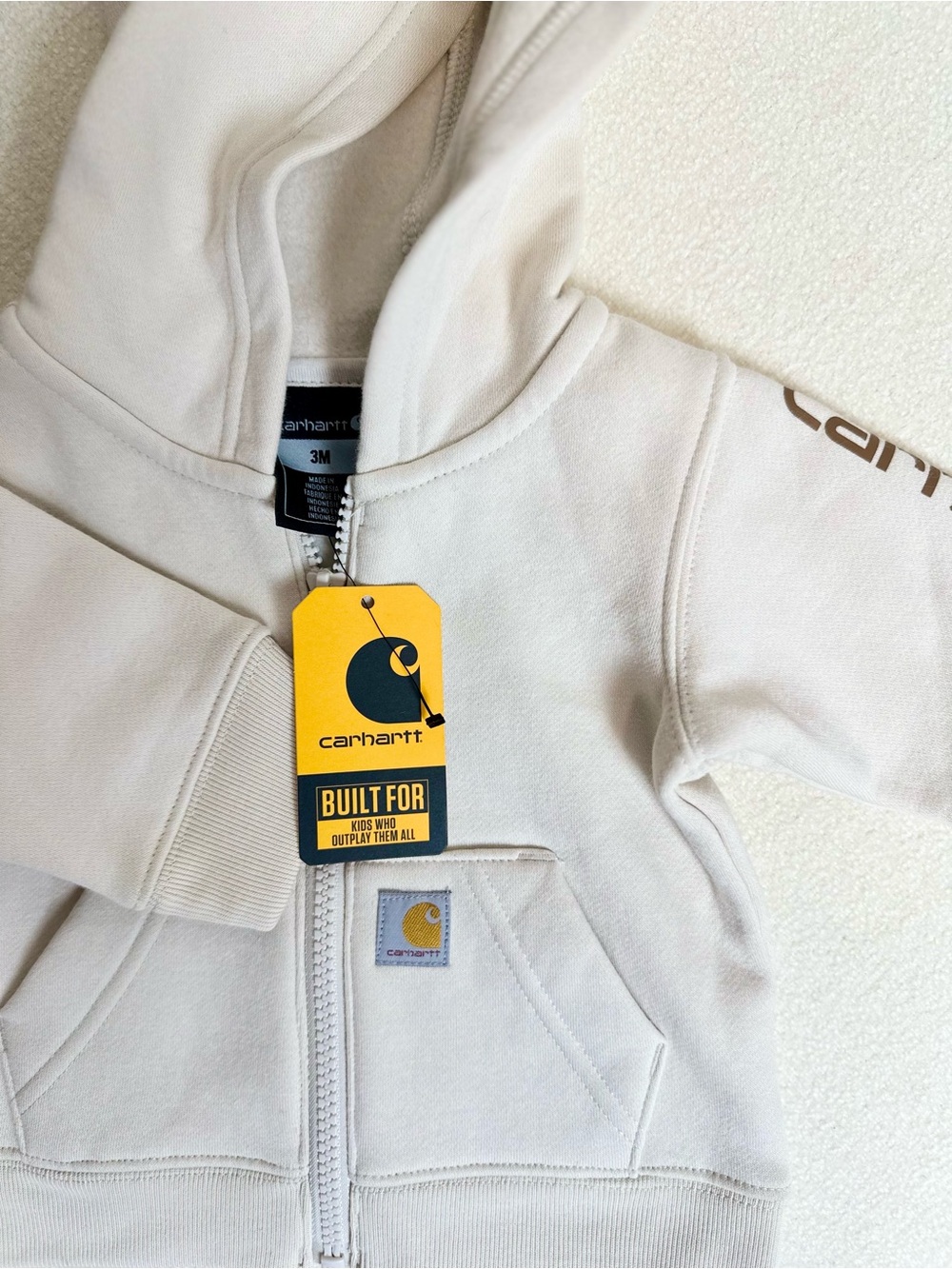 NEW Carhartt Kids Logo Sleeve Full Zip Cream Fleece Hoodie Size 3-6